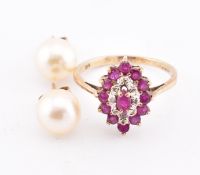 HALLMARKED 9CT GOLD RUBY & DIAMOND NAVETTE RING & PAIR OF 9CT GOLD & PEARL STUD EARRINGS