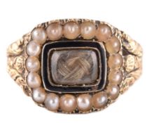 GEORGIAN GOLD SEED PEARL & HAIR LOCKET WINDOW MOURNING RING