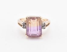 HALLMARKED 9CT GOLD AMETRINE & DIAMOND RING