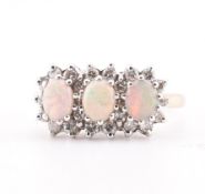 HALLMARKED 9CT GOLD OPAL & DIAMOND THREE STONE RING