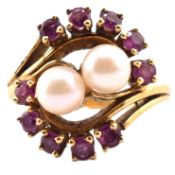 HALLMARKED 18CT GOLD RUBY & PEARL CROSSOVER RING