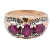 HALLMARKED 9CT GOLD RUBY & DIAMOND THREE STONE RING