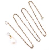 9CT GOLD NECKLACE CHAIN & SINGLE PEARL PENDANT