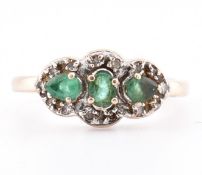 HALLMARKED 9CT GOLD EMERALD & DIAMOND THREE STONE RING