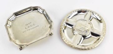 A HALLMARKED SILVER FOOTED DISH AND A BOXED SILVER BRITANNIA PLAQUE DISH
