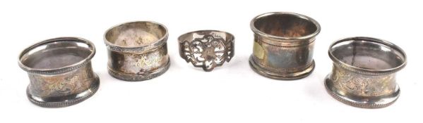 COLLECTION OF FIVE HALLMARKED SILVER NAPKIN RINGS