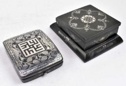INDIAN BIDRI SILVER INLAID CIGARETTE CASE & DESK TOP CIGARETTE DISPENSER