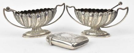 THREE VICTORIAN HALLMARKED TABLE SALTS & VESTA CASE