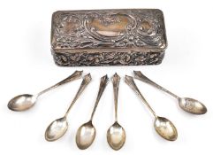 VICTORIAN HALLMARKED SILVER JEWELLERY BOX & SET OF SIX HALLMARKED TEASPOONS