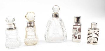 COLLECTION OF FIVE SILVER & CUT GLASS MINIATURE PERFUME BOTTLES (5)