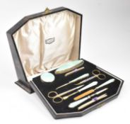 GEORGE V GUILLOCHE ENAMELLED HALLMARKED SILVER GILT & SILVER HANDLED MANICURE SET
