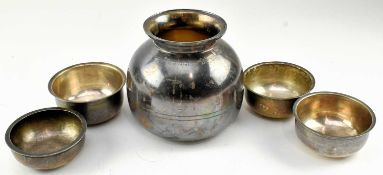 A FIVE PIECE SET OF INDIAN SILVER KALASH WATER POT AND BOWLS
