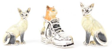 PAIR OF HALLMARKED SILVER 925 SIAMESE CATS AND A SMALL GINGER CAT BY SATURNO