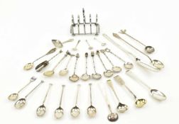 COLLECTION OF HALLMARKED SILVER TEASPOONS AND A TOAST RACK