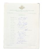 CRICKET - 1964 AUSTRALIAN CRICKET TEAMSHEET SIGNED
