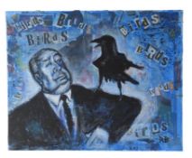 RICHARD BAZLEY (B.1962) - 'ALFRED HITCHCOCK' - MIXED MEDIA PAINTING