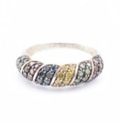 A 925 SILVER MULTI COLOURED DIAMOND RING