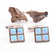 TWO PAIRS OF SILVER CUFFLINKS SET WITH SIMULATED OPAL & SHARK TEETH