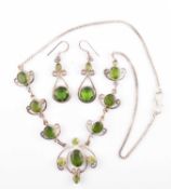 SILVER & GREEN STONE NECKLACE & EARRING SUITE