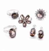 FOUR 925 SILVER & SMOKY QUARTZ & GEM SET DRESS RING & PAIR OF EARRINGS