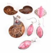 THULITE SET MARQUISE RING, PENDANT & EARRINGS