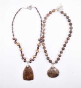 TWO PEARL & UNAKITE PENDANT NECKLACES