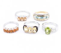 FIVE 925 SILVER GEM SET RINGS ZIRCON TOPAZ PERIDOT BERYL SPINEL