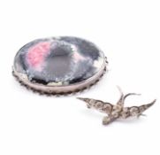 RUSKIN POTTERY BROOCH PIN & SILVER GEM SET SWALLOW BROOCH PIN