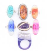 SEVEN 925 SILVER & GEM SET RINGS AGATE AMBER AMETHYST