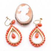 SILVER GILT CAMEO BROOCH PIN & CORAL PENDANT EARRINGS
