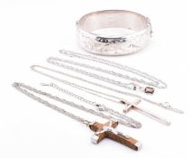 HALLMARKED SILVER ENGRAVED BANGLE & THREE SILVER PENDANT NECKLACES