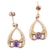 PAIR OF HALLMARKED 9CT GOLD & PURPLE STONE PENDANT EARRINGS