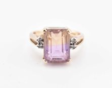 HALLMARKED 9CT GOLD AMETRINE & DIAMOND RING