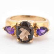 HALLMARKED 9CT GOLD SMOKY QUARTZ & AMETHYST THREE STONE RING