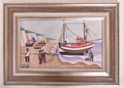 ALFRED DANIELS R.A. (1924-2015) - RED BOAT, HASTINGS - OIL ON BOARD PAINTING