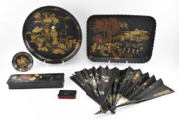COLLECTION OF VINTAGE CHINOISERIE BLACK LACQUER WARE INCL. TRAYS & FANS