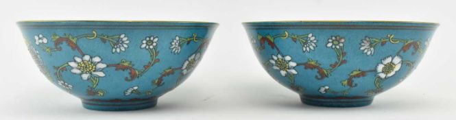 PAIR OF 20TH CENTURY TURQUOISE GROUND ENAMELLED FLORAL BOWLS