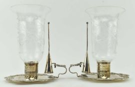 PAIR OF VINTAGE SILVER PLATED CANDLE HOLDERS WITH GLASS SHADES