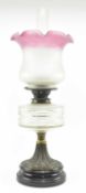 VICTORIAN NEOCLASSICAL OIL LAMP WITH FLASH CRANBERRY FROSTED SHADE & FLUE