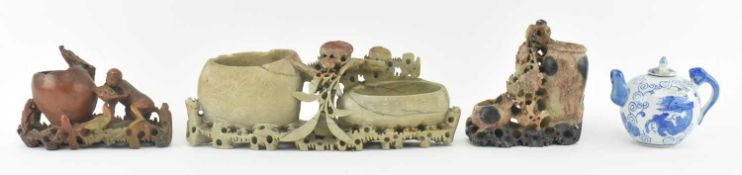 COLLECTION OF THREE EARLY 20TH CENTURY CHINESE CARVED SOAPSTONE