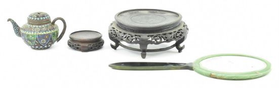 VINTAGE JAPANESE CLOISONNE TEAPOT, MIRROR & WOODEN STANDS