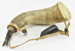 19TH CENTURY TRIBAL FOLK ART HORN FLASK WITH LEATHER STRAP