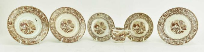 COLLECTION OF STAFFORDSHIRE STYLE BROWN TRANSFERWARE