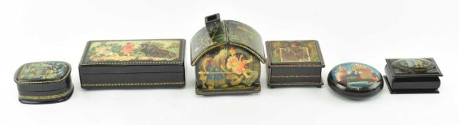 COLLECTION OF SIX VINTAGE RUSSIAN LACQUERED SOUVENIR TRINKET BOXES