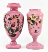 TWO VICTORIAN OPALINE GLASS VASES IN PINK WITH HAND PAINTED FLORAL DESIGN
