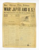 ORIGINAL WWII 1941 PEARL HARBOR HEADLINE CHICAGO DAILY TRIBUNE NEWSPAPER