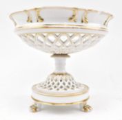 FRENCH 19TH CENTURY GILT PORCELAIN RETICULATED CENTREPIECE TAZZA