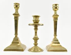 THREE VICTORIAN 19TH CENTURY BRASS CANDLESTICKS HOLDERS