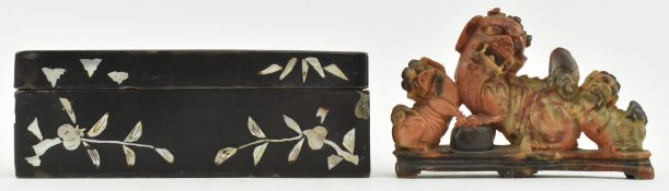 WOODEN BOX AND SOAPSTONE CARVING 珍珠贝母镶嵌 福禄寿喜 木盒和石刻