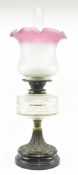 VICTORIAN NEOCLASSICAL OIL LAMP WITH FLASH CRANBERRY FROSTED SHADE & FLUE